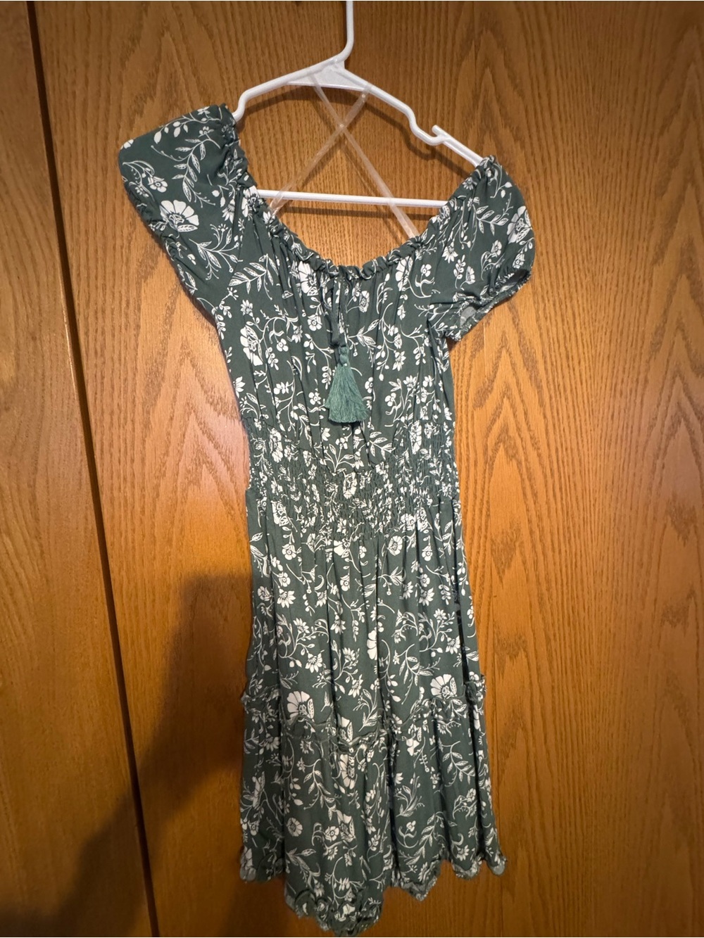Justify Green Floral Off-Shoulder Midi Dress with Tassel